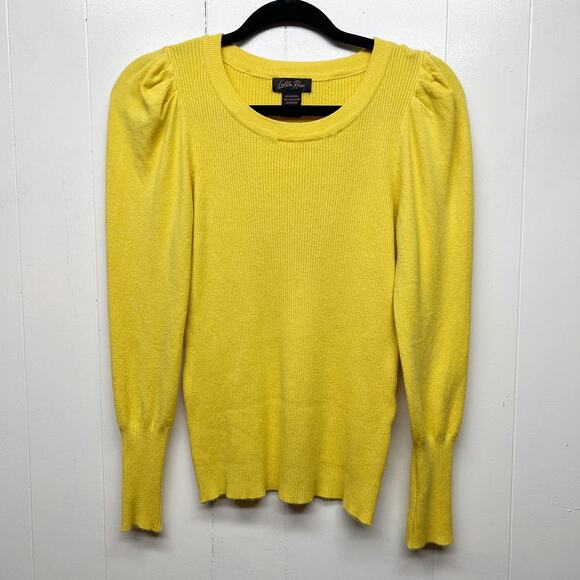 Lolla Rose Puff Shoulder Women's Ribbed Yellow Sweater Size Medium Stretch - Picture 1 of 10